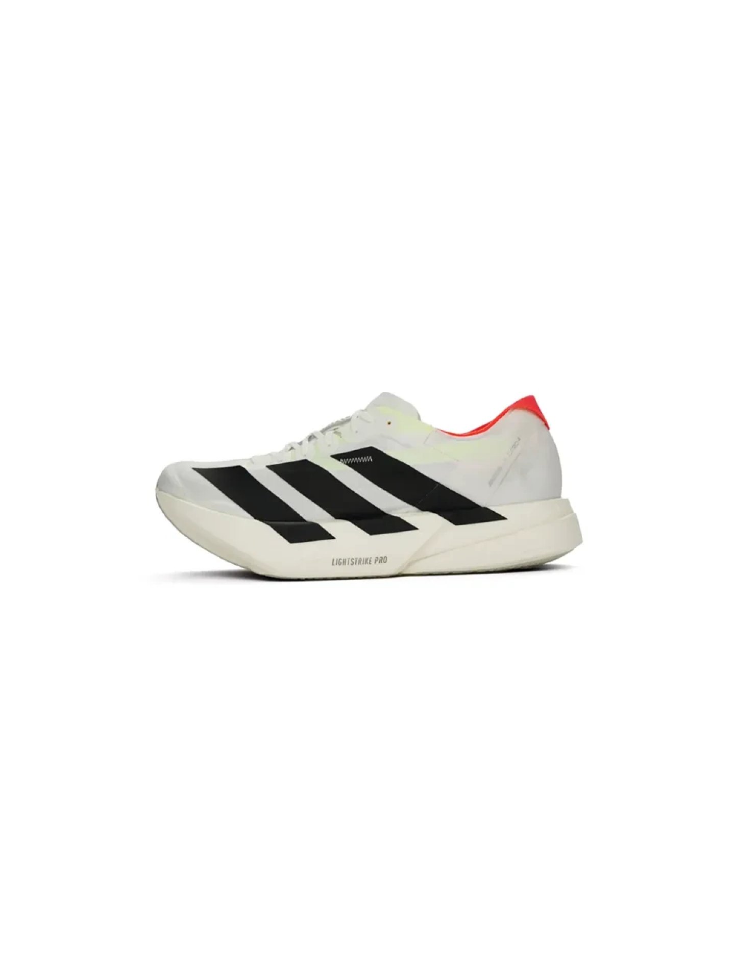 Adidas running shoe in white with black three-stripe branding, red heel accent, and Lightstrike Pro midsole, lateral view.