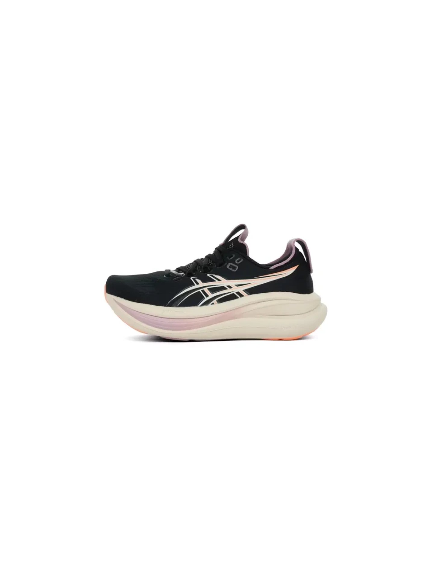 ASICS women's running shoe in black with white logo, chunky cream and pink midsole, coral outsole accent, side view