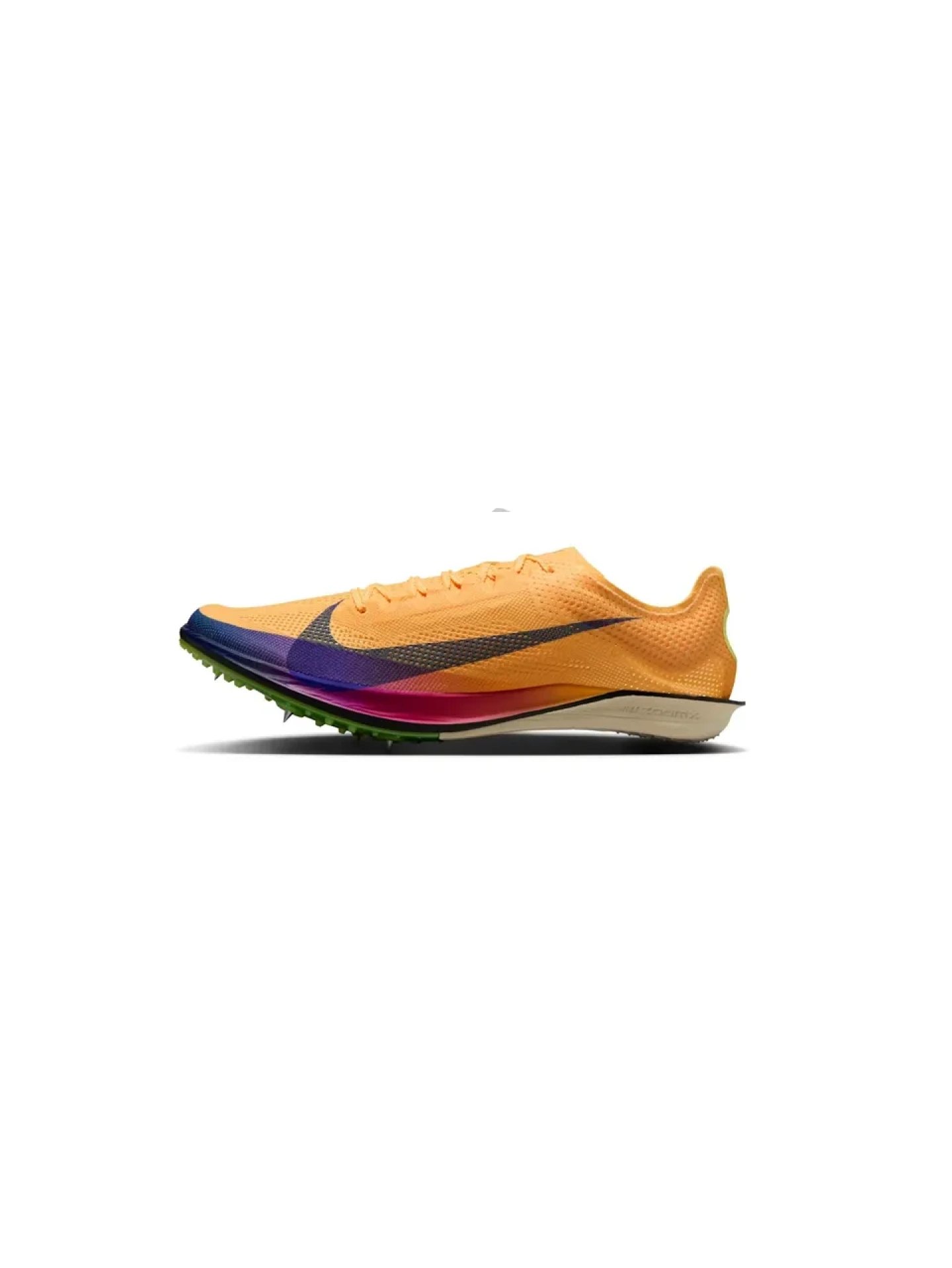 Nike track spike in orange with rainbow-gradient midsole, dark Swoosh, and green sprint spike plate, lateral view.