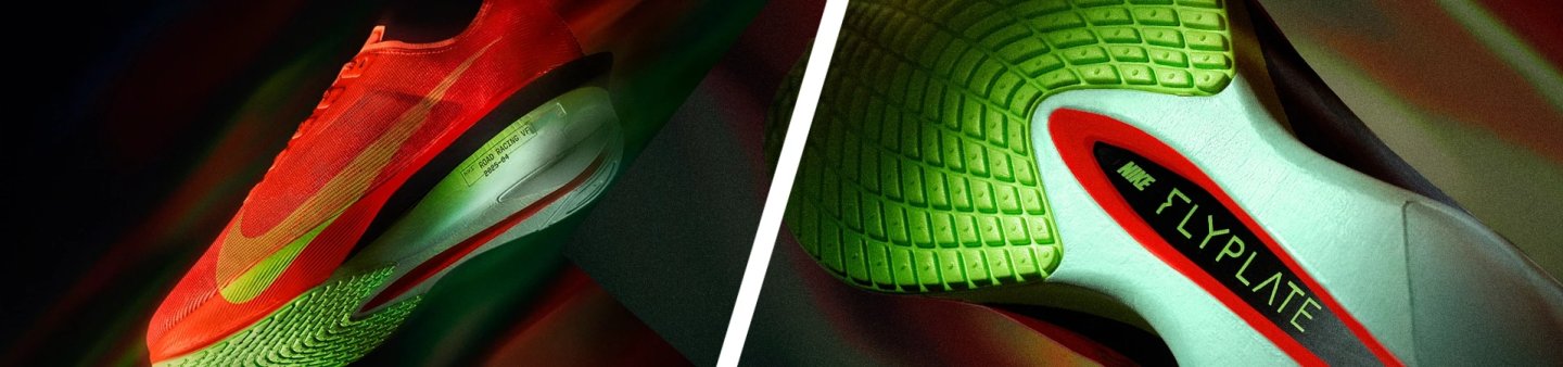 Nike Vaporfly 4 in red and volt colorway showing FlyPlate carbon plate detail and outsole traction pattern