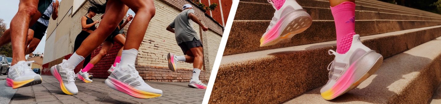 Adidas Ultraboost 5 running shoes in white with pink and yellow gradient midsole worn by runners on city streets and stairs.