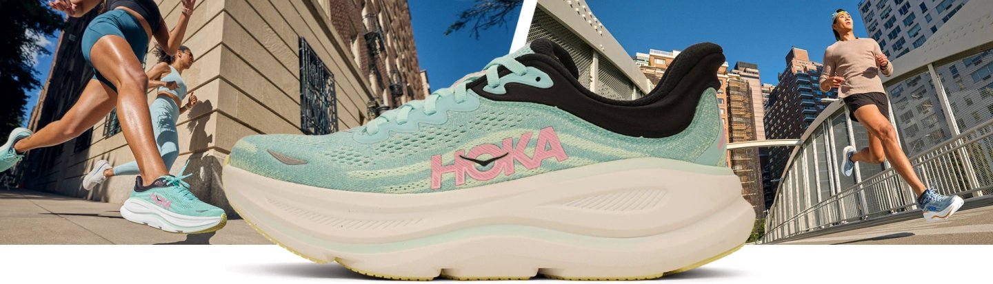 Hoka Bondi 9 running shoe in mint green and pink colorway, shown with urban runners in city setting