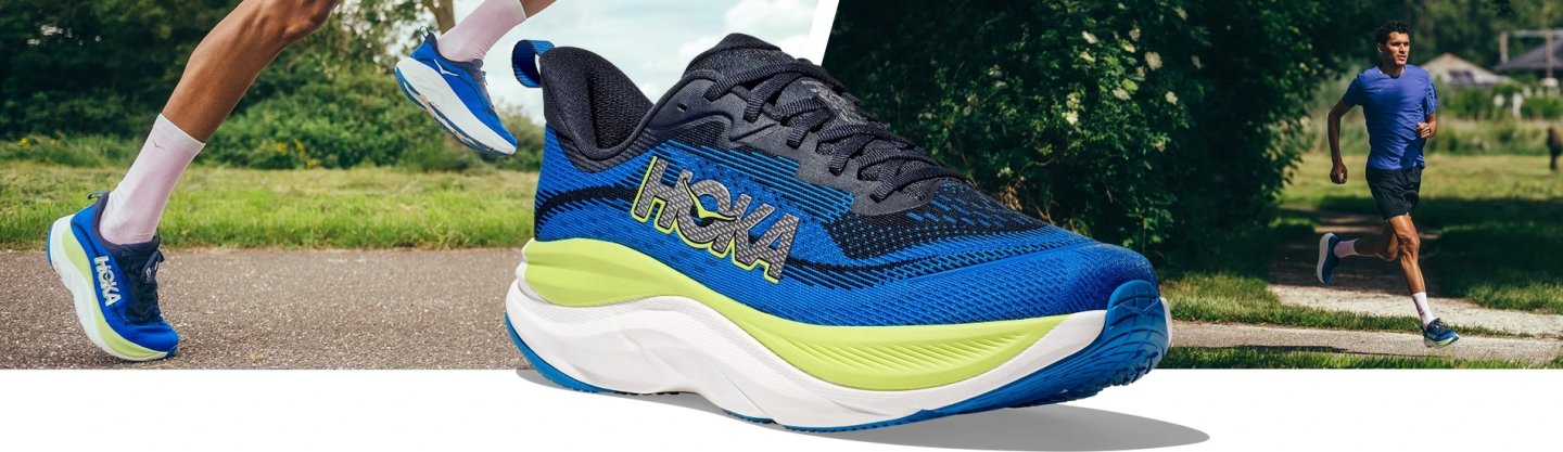Hoka Skyflow men's running shoe in blue and yellow colourway, shown from multiple angles on a road surface outdoors.