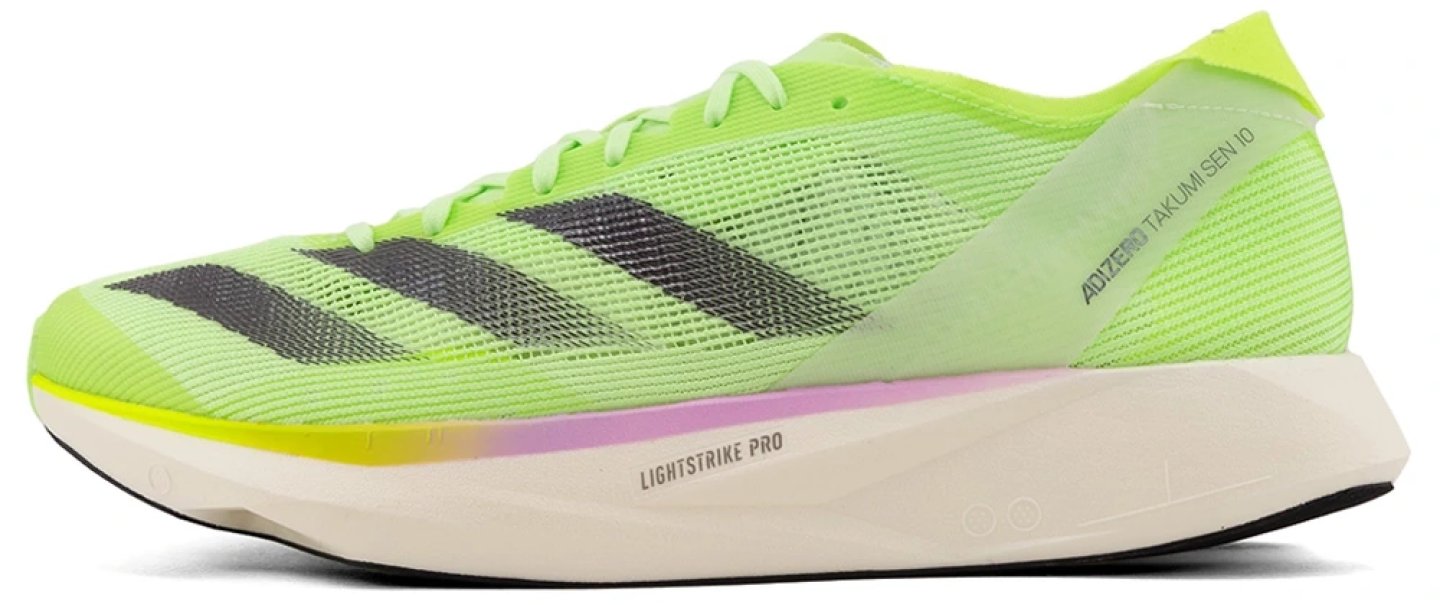 Adidas Adizero Takumi Sen 10 racing shoe in lime green with black Three Stripes and Lightstrike Pro midsole, lateral view