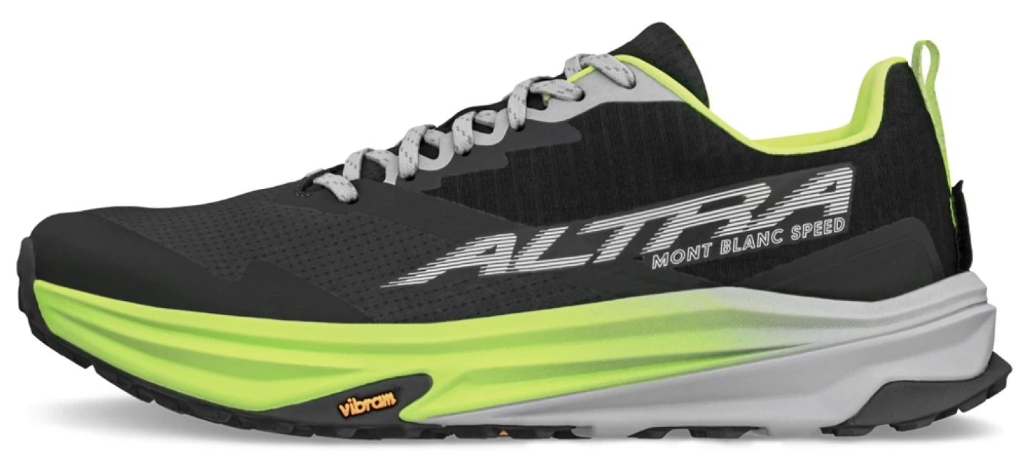 Altra Mont Blanc Speed trail running shoe in black and lime green with Vibram outsole, lateral view