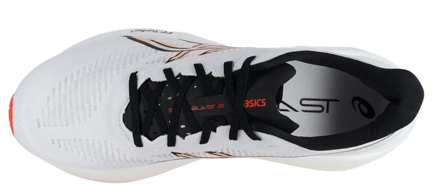 Top-down view of ASICS SonicBlast 2 Ignite running shoe in white with black laces and orange accents