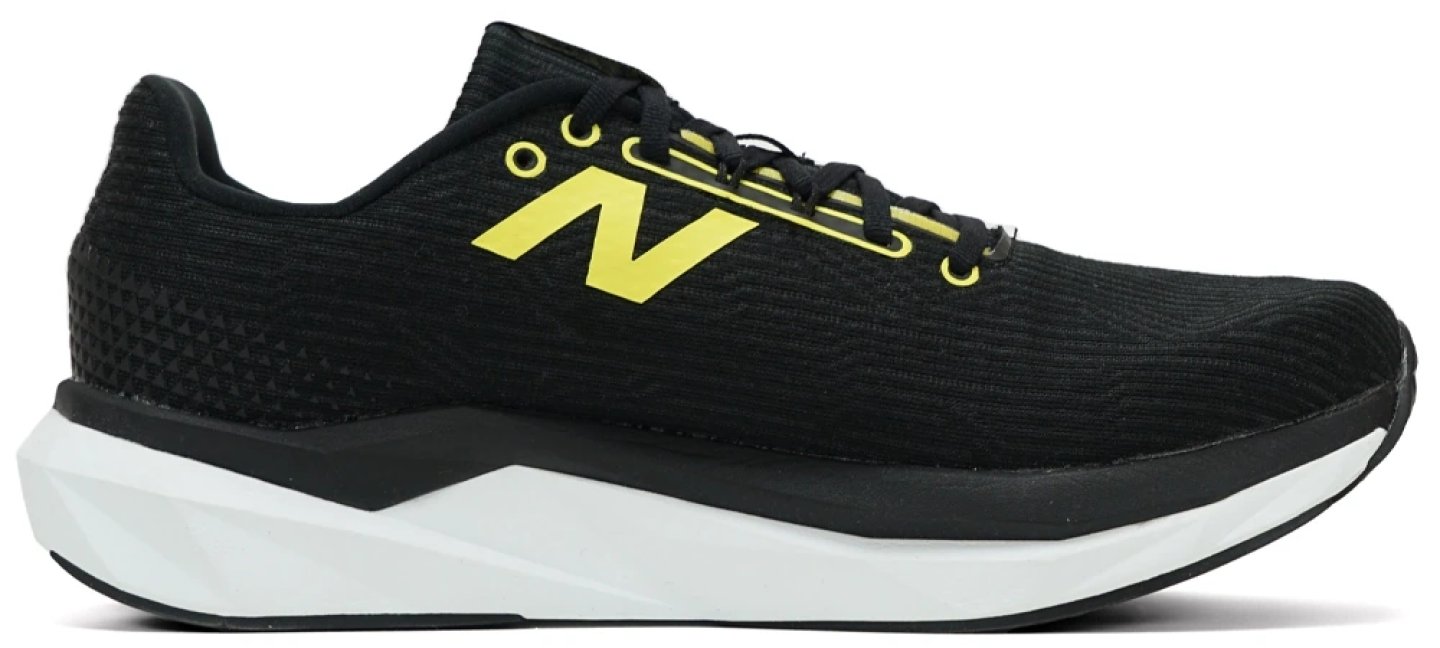 New Balance FuelCell Propel v5 running shoe in black with yellow N logo and white midsole, lateral view