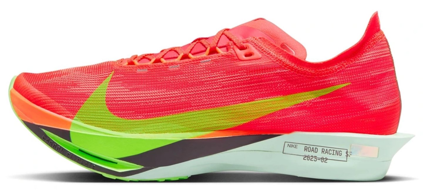 Nike Streakfly 2 road racing shoe in bright crimson and electric green, lateral view on white background.