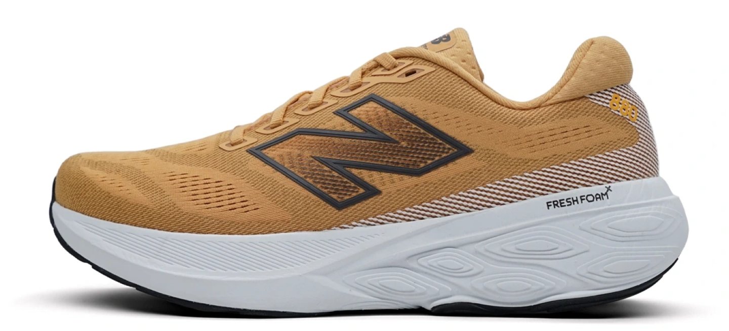 New Balance Fresh Foam X 880 v15 running shoe in golden wheat with white midsole, lateral side view