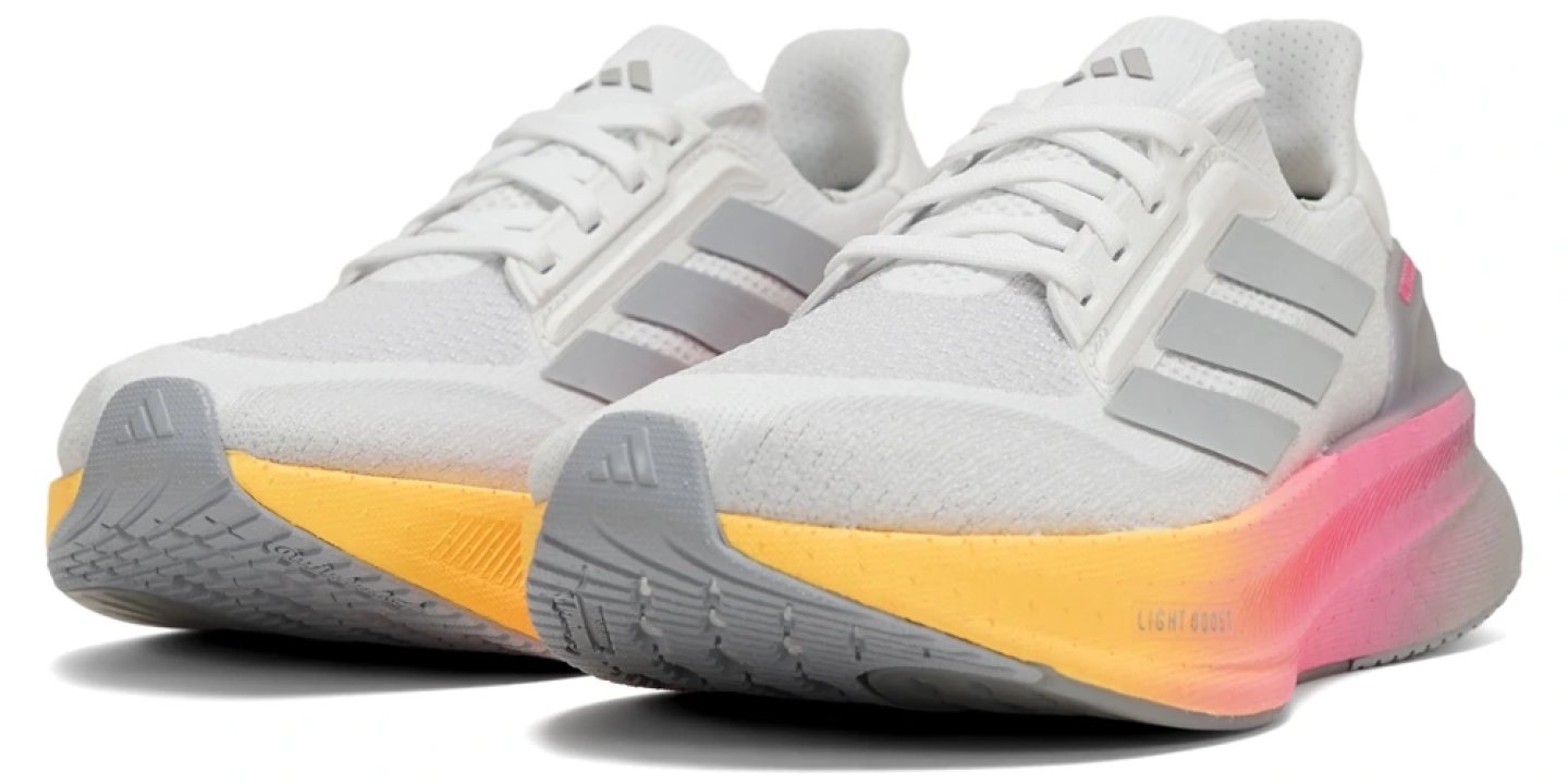 Adidas Ultraboost 5X Comfort running shoes in white with grey three-stripes and orange-to-pink gradient LIGHTBOOST midsole