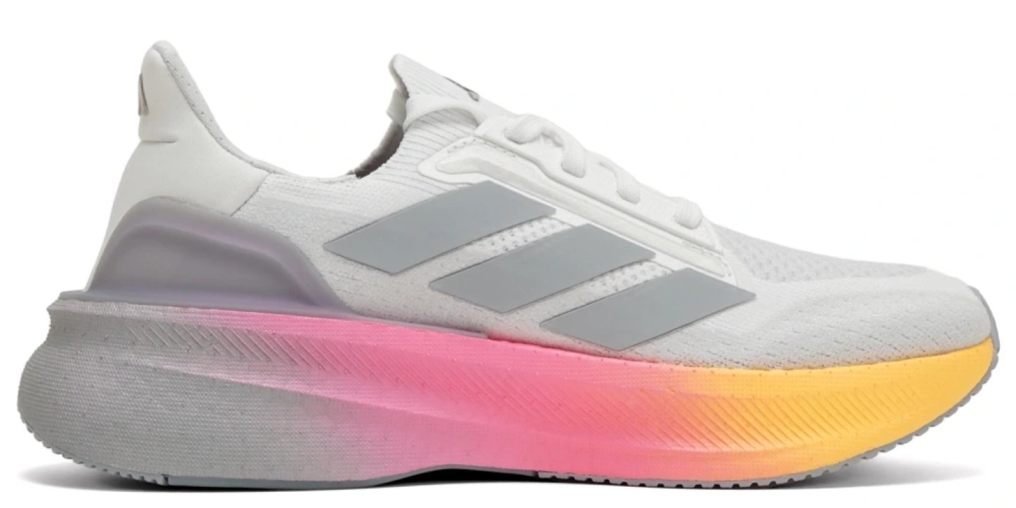 Adidas Ultraboost 5X Stride running shoe in white with grey Three Stripes and pink-to-yellow gradient midsole, lateral view