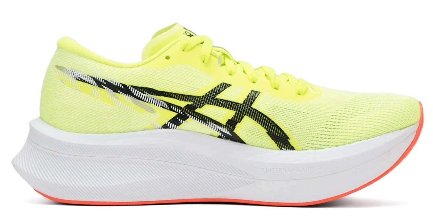 Asics Magic Speed 4 Stride running shoe in bright yellow with black Stripe logo, white midsole and coral outsole, lateral view