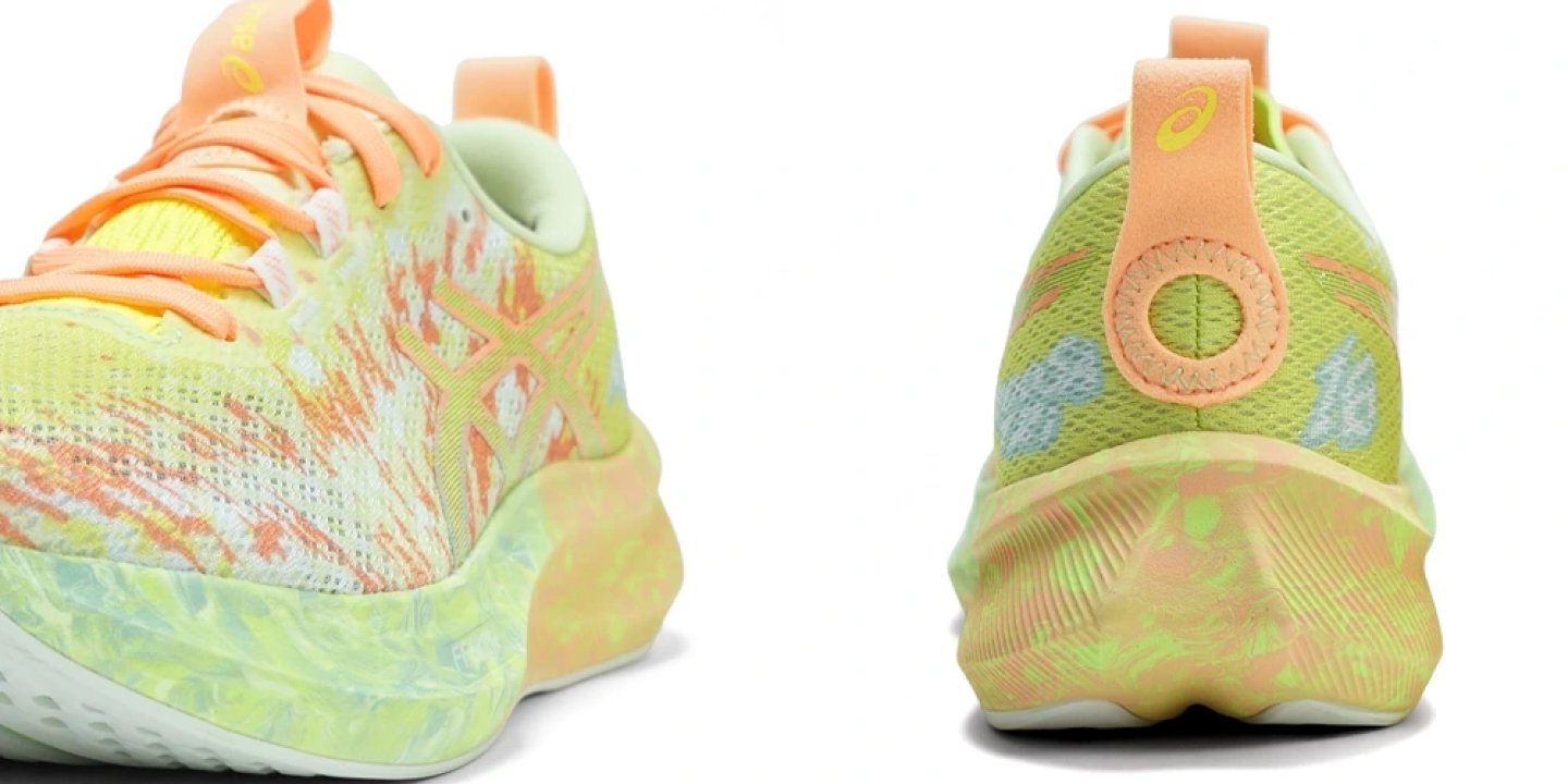ASICS Noosa Tri Fit running shoe in lime green, orange and white marbled colourway, shown from side and rear angles