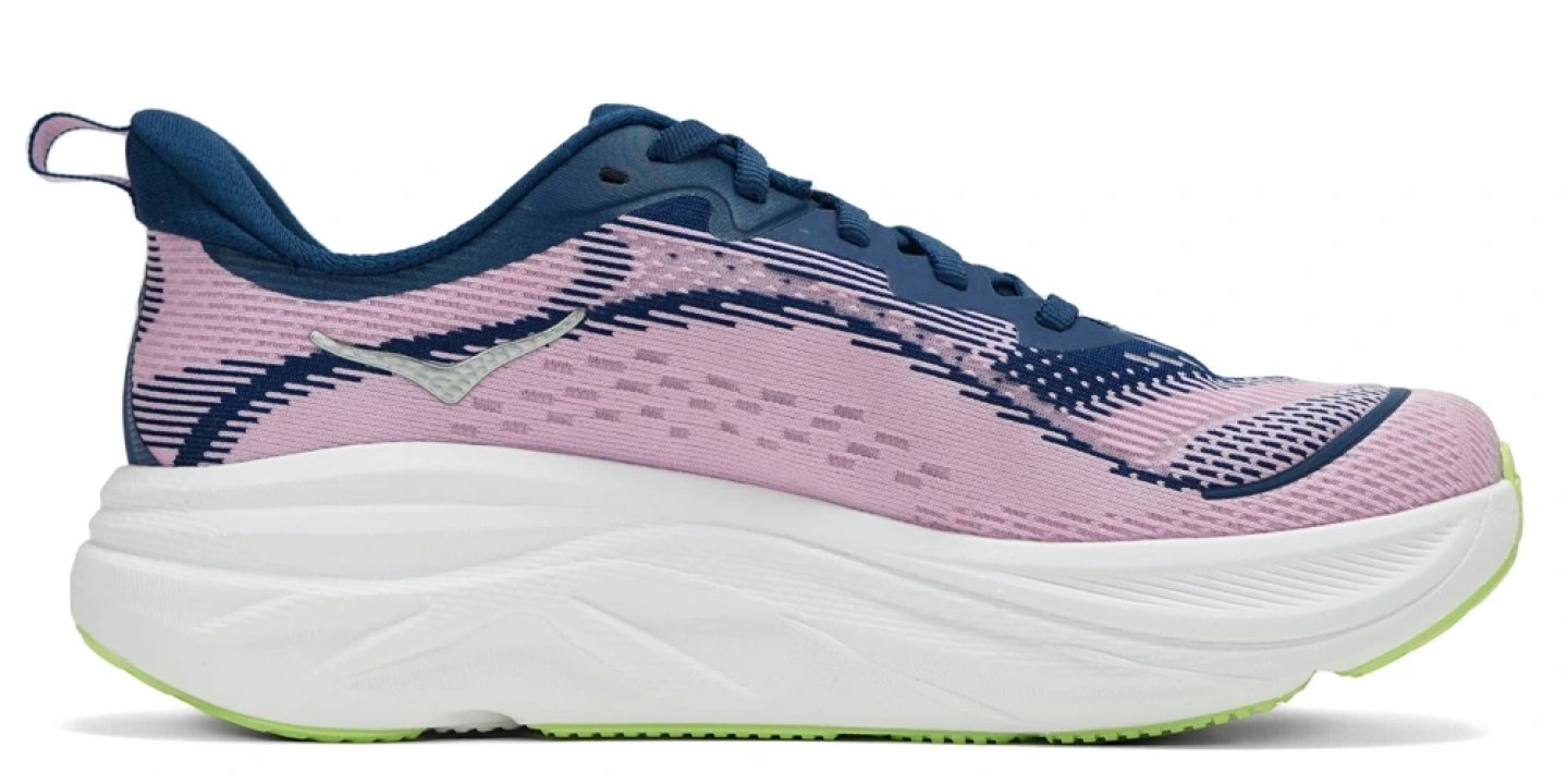 Hoka Skyflow women's running shoe in pink and navy with white maximal midsole and lime green outsole, lateral view
