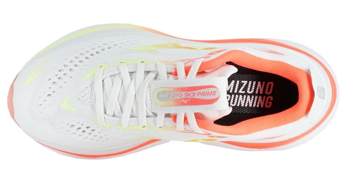 Top-down view of Mizuno Sky Prime running shoe in white with coral and yellow gradient detailing and Mizuno Running insole branding