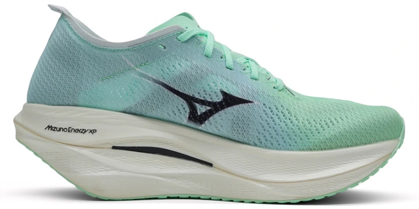 Mizuno Wave Rebellion Pro 3 running shoe in mint green with white Enerzy XP midsole and black Mizuno logo, lateral view.