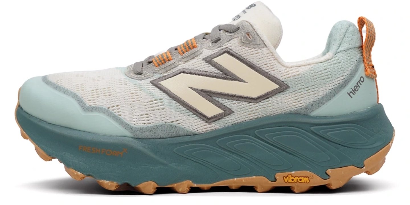 New Balance Hierro V9 trail running shoe in mint and teal with Fresh Foam midsole and Vibram outsole, lateral view
