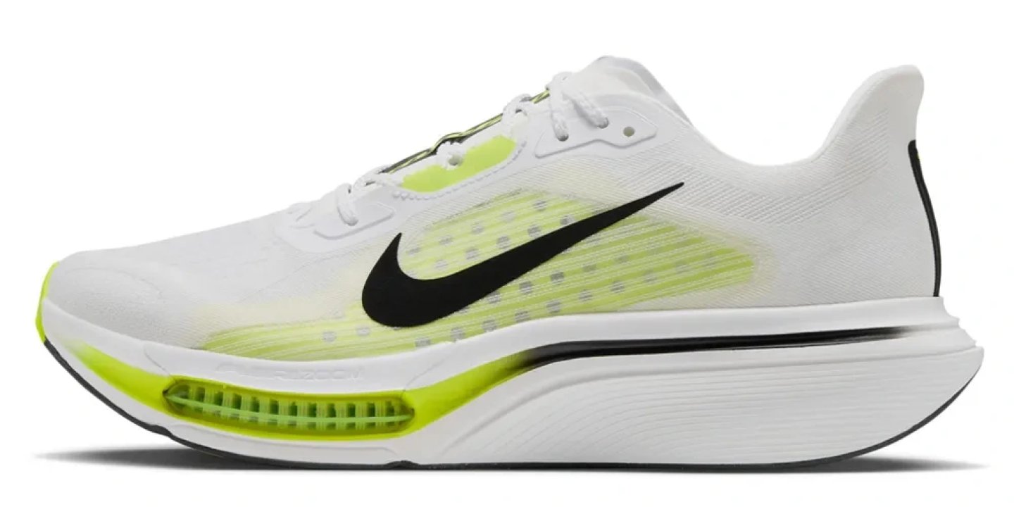 Nike Pegasus Plus 2 running shoe in white and volt green with black Swoosh, lateral studio view showing ZoomX midsole