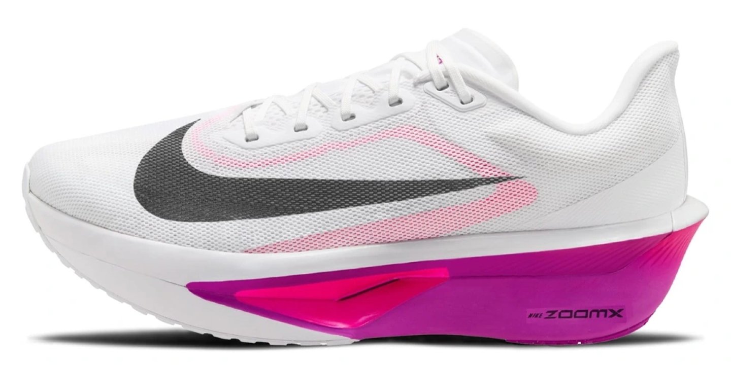 Nike Zoom Fly 6 running shoe in white mesh upper with dark grey Swoosh, pink graphic, and purple ZoomX midsole, lateral view