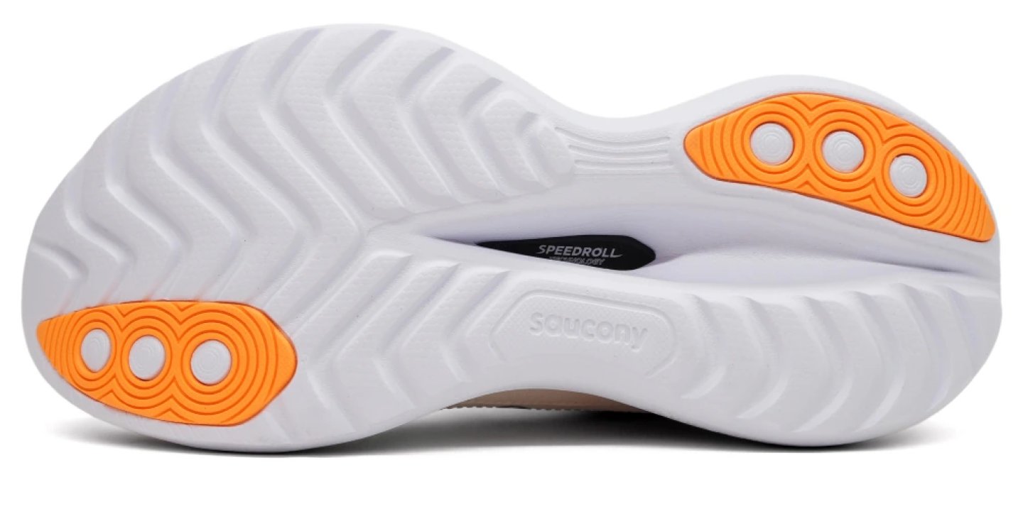 Bottom view of Saucony Endorphin Trainer outsole showing SpeedRoll geometry, orange rubber traction pods and white midsole.