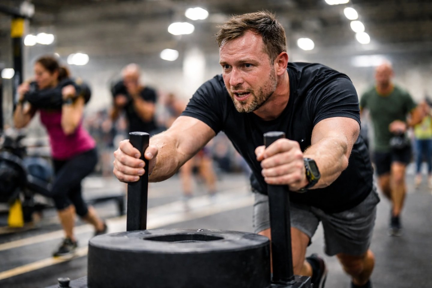 Male athlete in black t-shirt and grey shorts pushing a weighted sled during a Hyrox competition in a large gym.