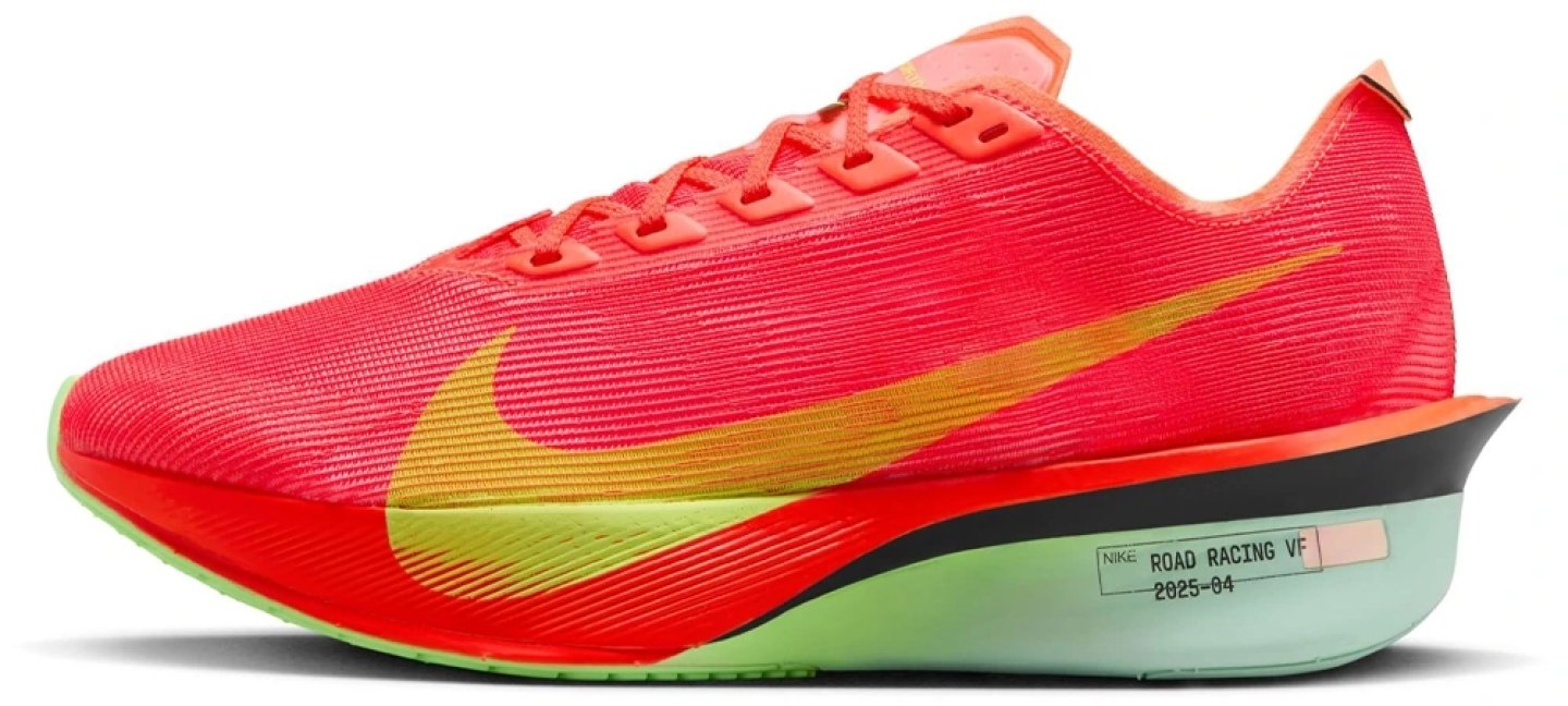 Nike Road Racing VF 2025 running shoe in crimson red with volt yellow Swoosh and mint green midsole, lateral view