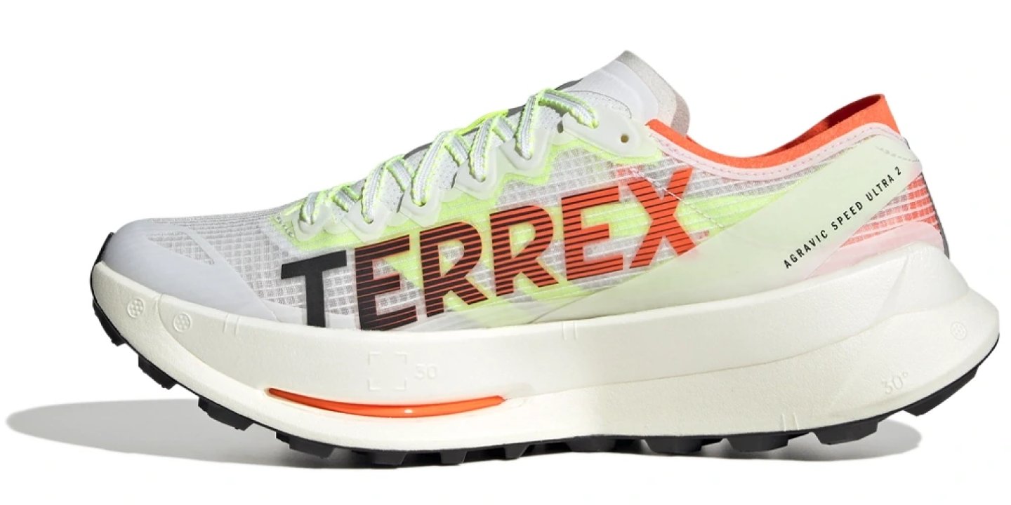 Adidas Terrex Agravic Speed Ultra 2 trail running shoe in white, lime green and orange with lugged outsole