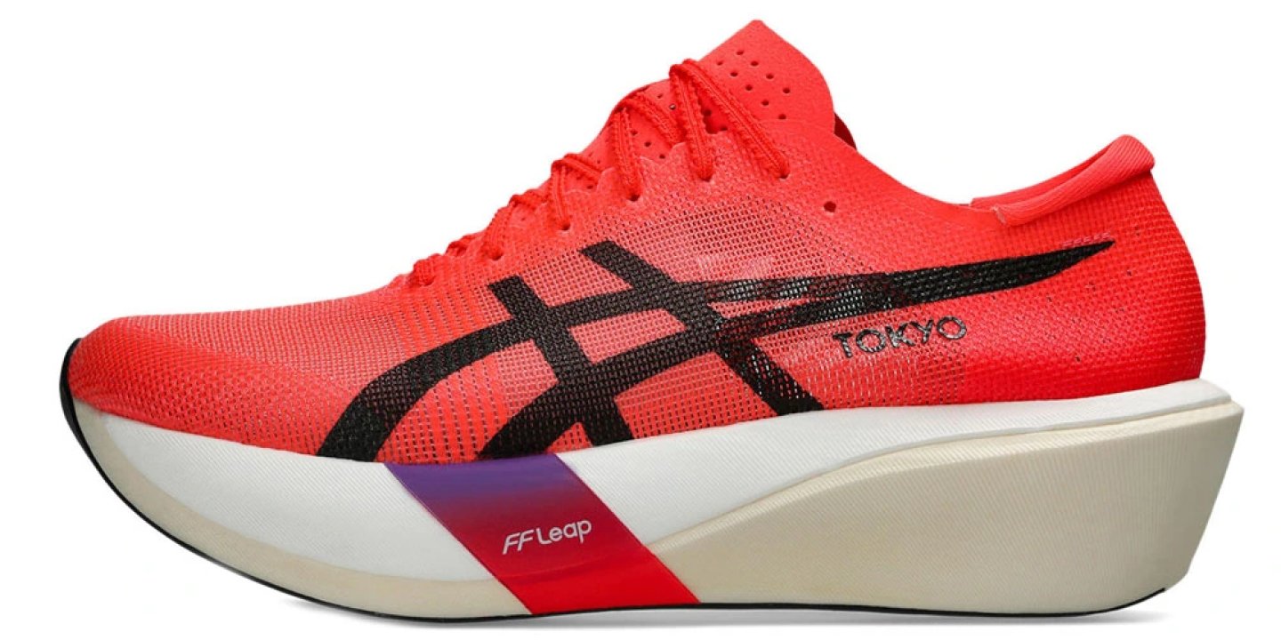 Asics Metaspeed Sky Tokyo running shoe in red and black with FF Leap midsole and Stripes logo on white background