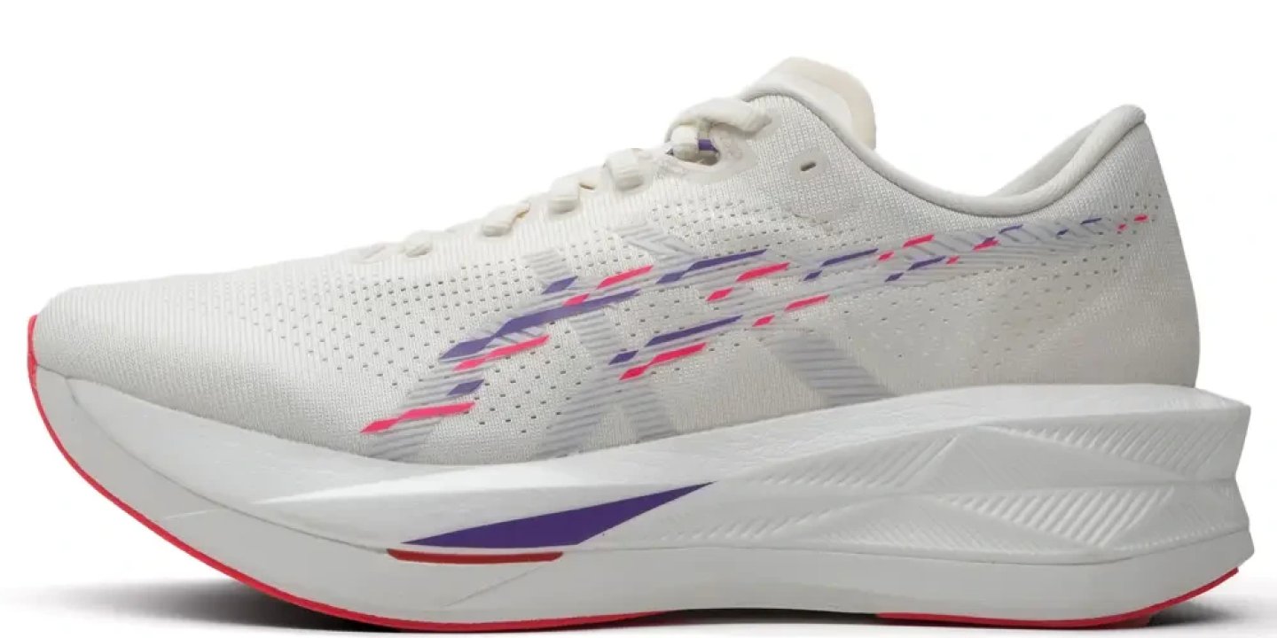 Asics Novablast 4 running shoe in white with pink and purple graphic accents and a thick white midsole, lateral view