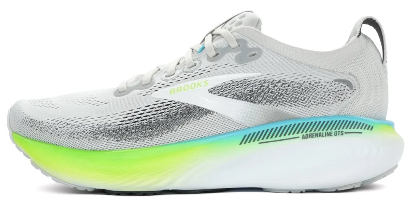 Brooks Adrenaline GTS running shoe in white and grey with neon green and cyan midsole, lateral side view.