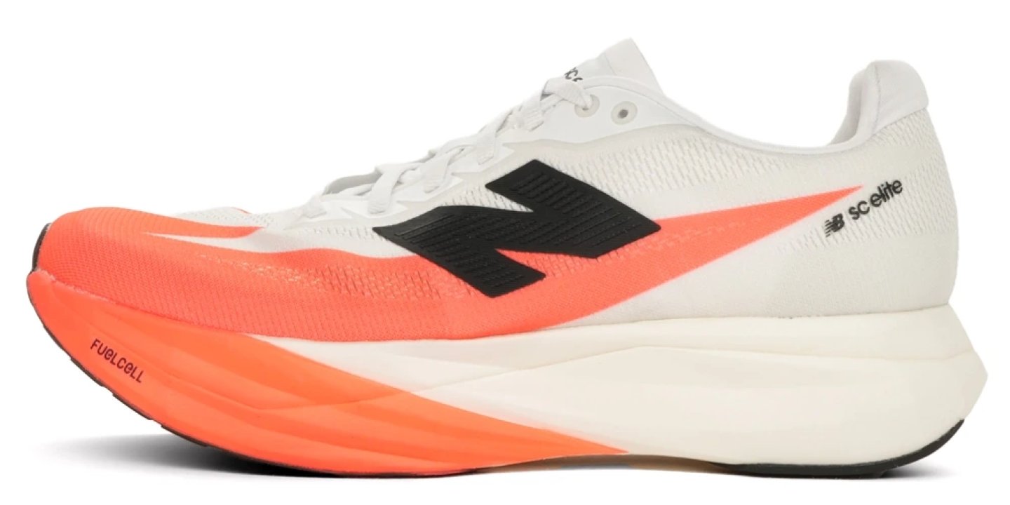 New Balance FuelCell SC Elite running shoe in white and orange with black N logo, lateral view on white background