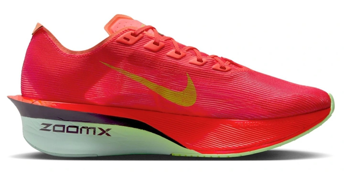 Nike Vaporfly 4 running shoe medial side view in crimson red with gold Swoosh and mint green ZoomX midsole