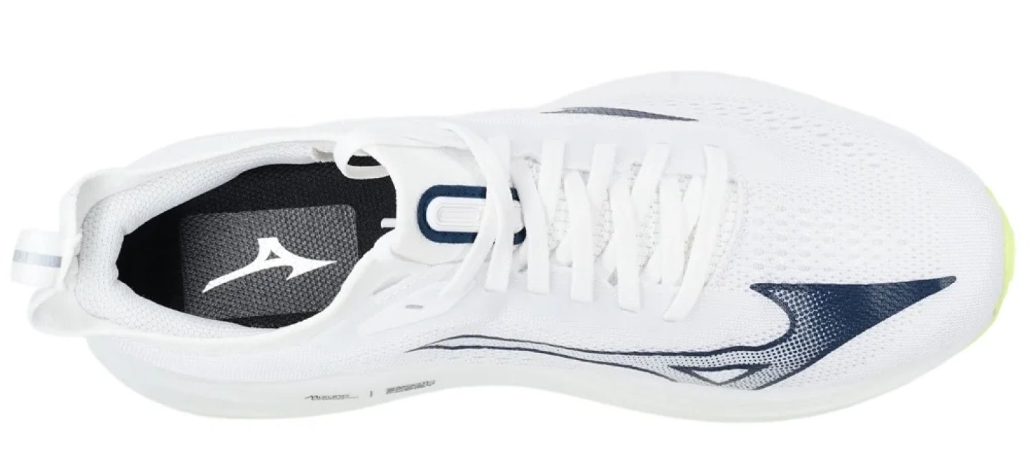 Mizuno running shoe in white with navy logo viewed from above, showing mesh upper and white laces.