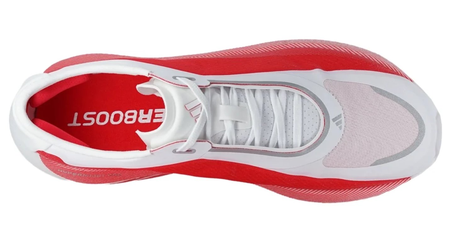 Top view of Adidas Ultraboost running shoe in red with white lace cage and grey inner sleeve.