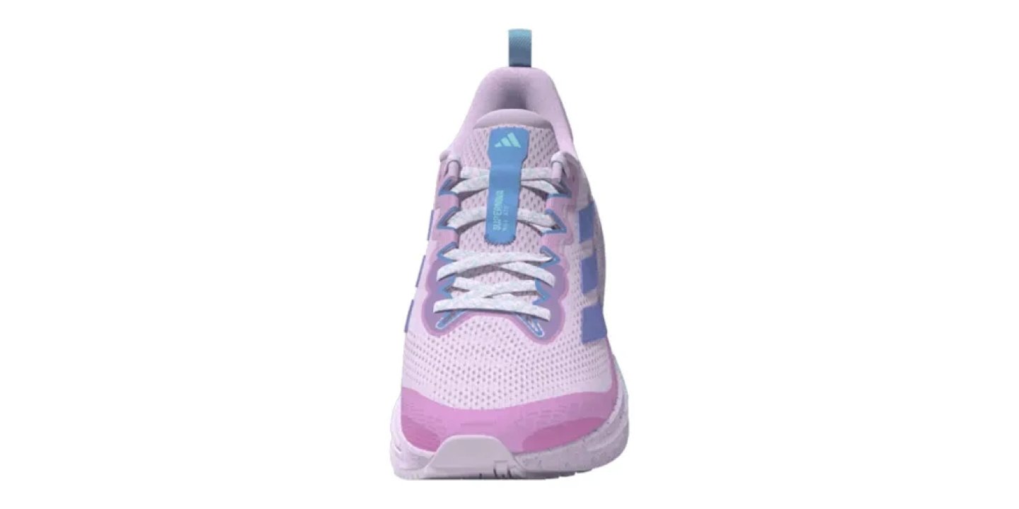 Front view of Adidas women's running shoe in light pink knit upper with purple stripes and blue accent details
