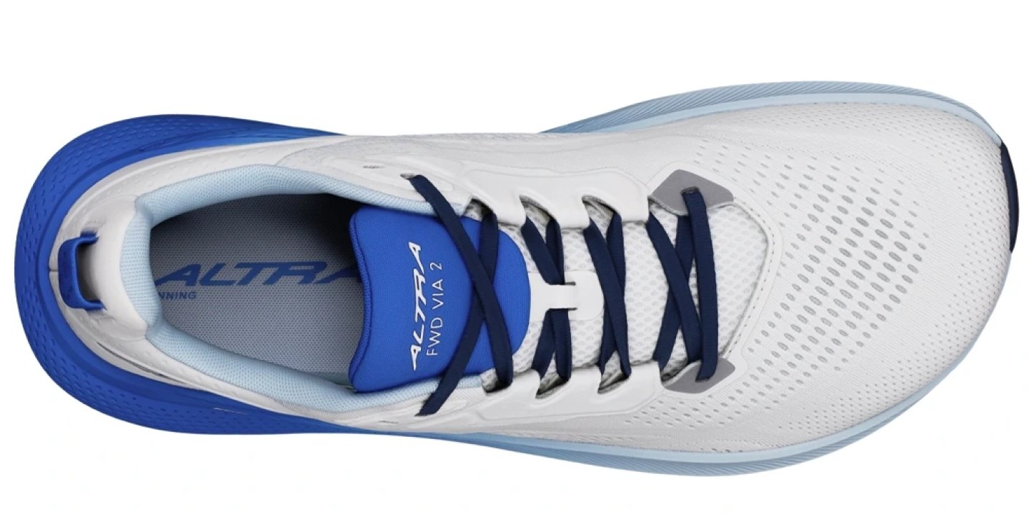 Top-down view of Altra FWD Via 2 running shoe in white mesh upper with blue midsole and navy laces