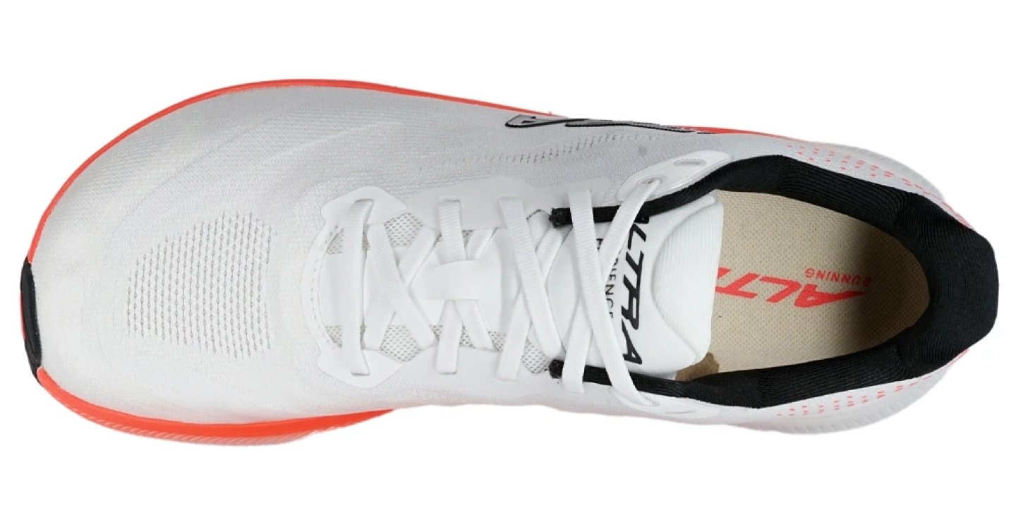 Top-down view of Altra Running Challenge shoe in white with coral midsole, black lacing system and knit upper