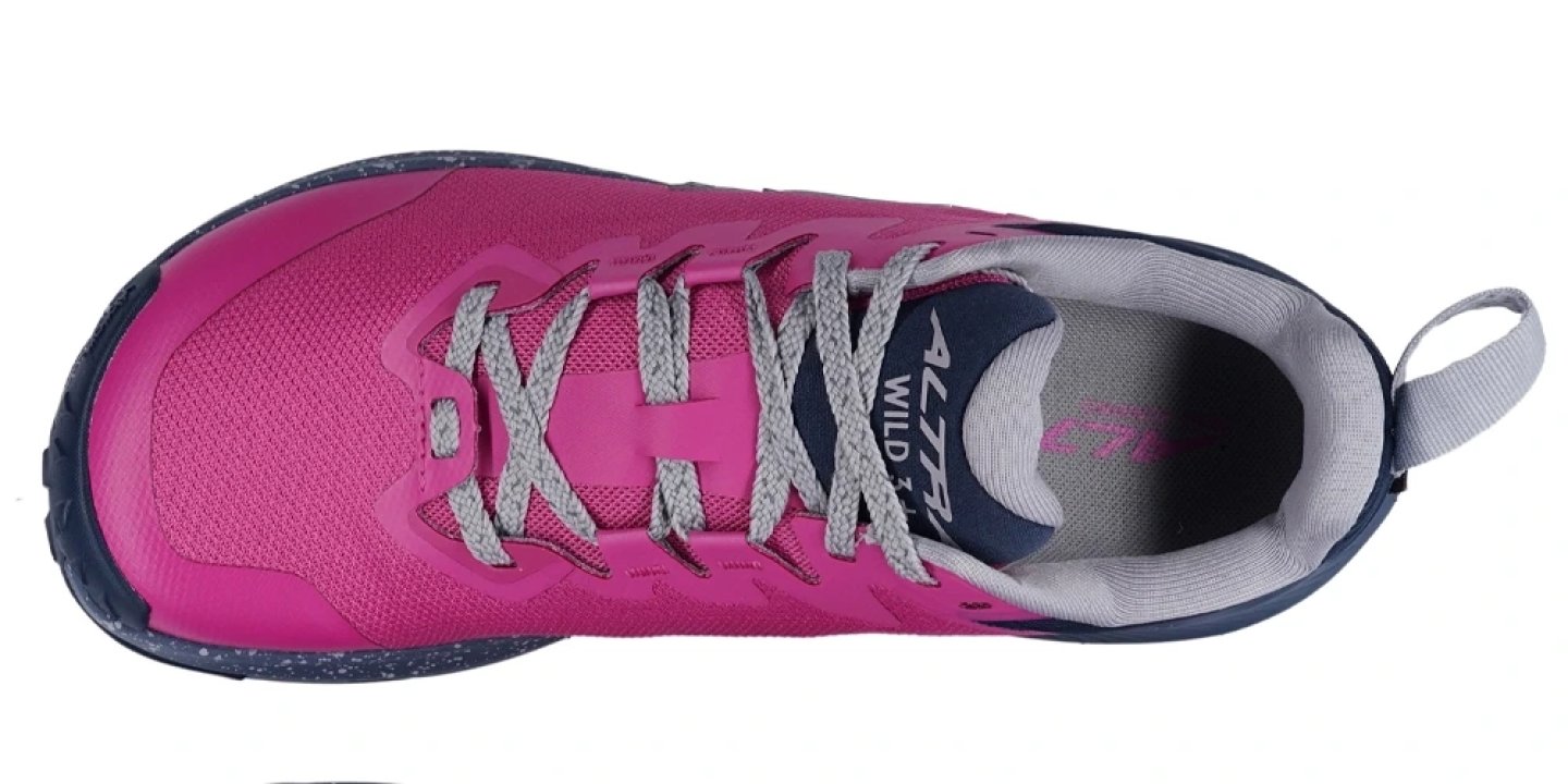 Top-down view of Altra Wild Thing women's trail running shoe in pink and navy with grey laces