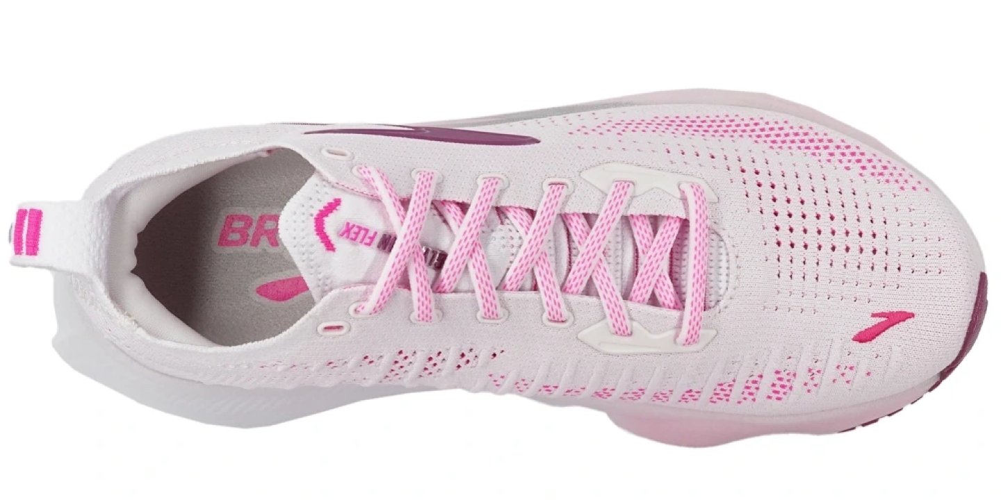 Top view of Brooks women's running shoe in white and pink with knit upper, pink flat laces and Brooks logo on insole