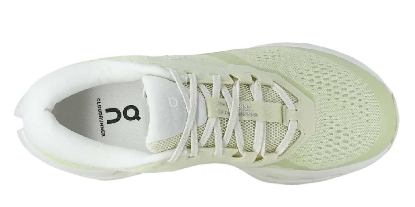 On Cloudrunner running shoe in sage green with white laces, viewed from above showing mesh upper and branding.