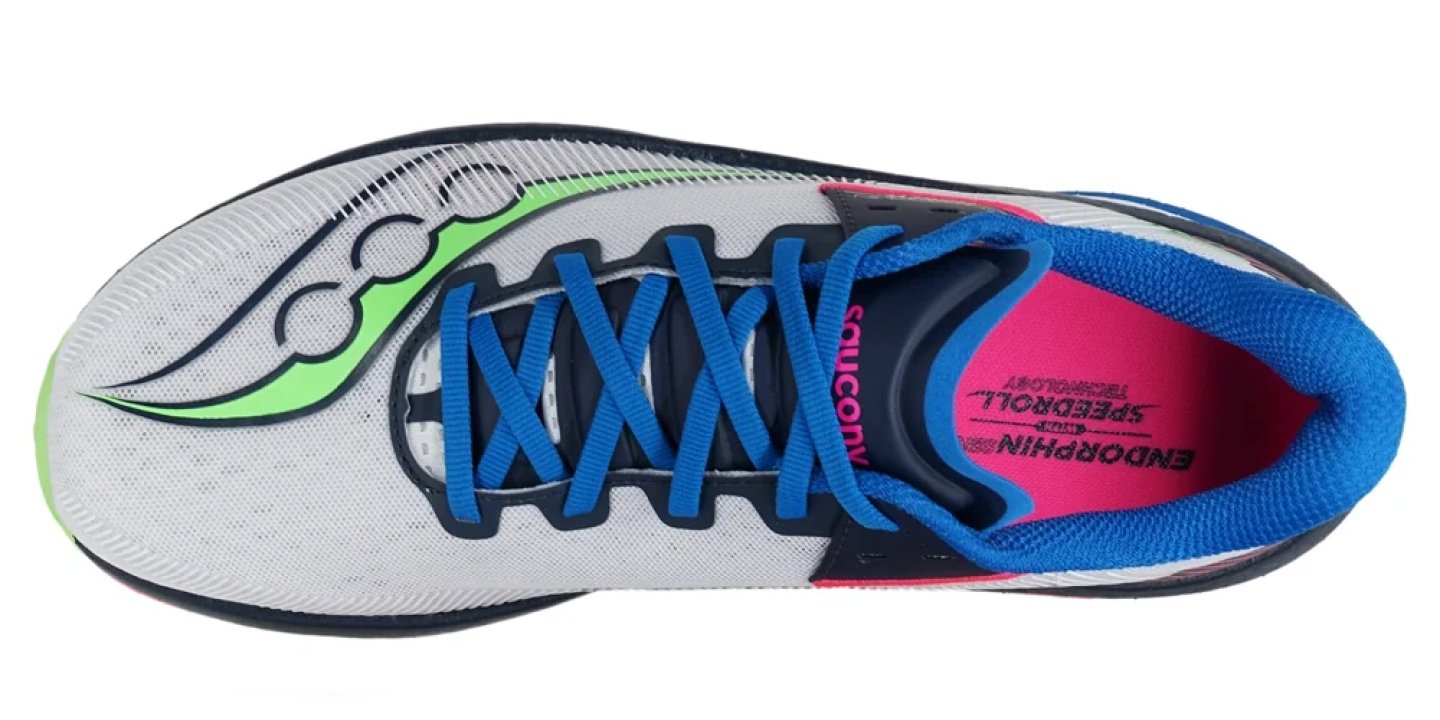 Top-down view of Saucony Endorphin Speed shoe with white mesh, blue laces, and green, pink, navy accents.