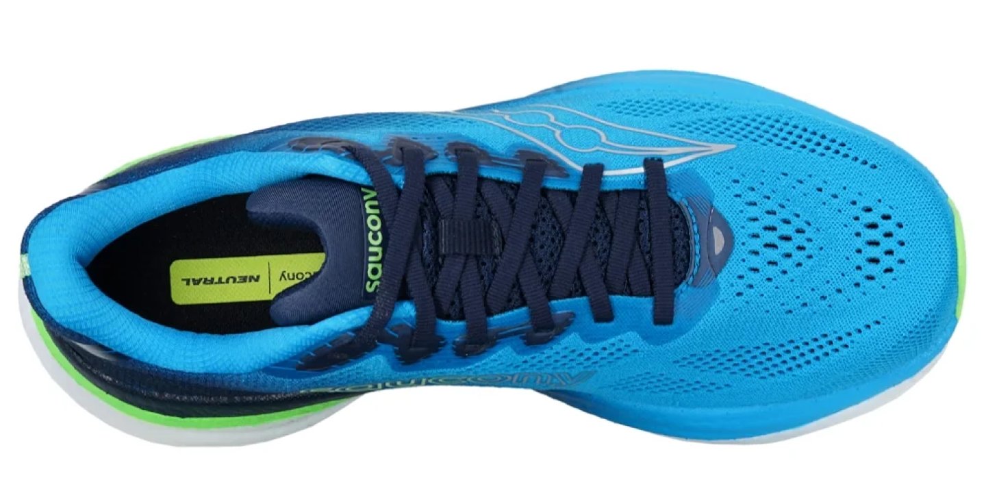 Top-down view of a Saucony neutral running shoe in blue mesh with navy laces and lime green trim.