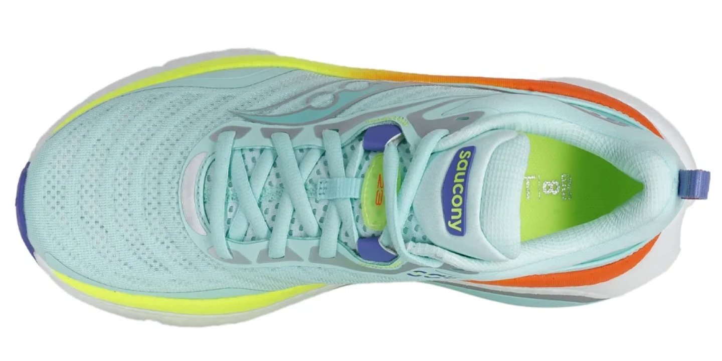 Top view of Saucony Ride 23 women's running shoe in mint with neon yellow, orange, and purple midsole accents.