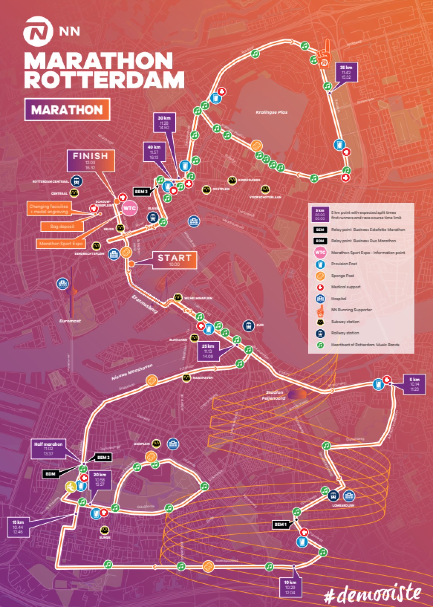 NN Marathon Rotterdam official race map showing full marathon course with km markers, relay points, start, finish, and support stations.