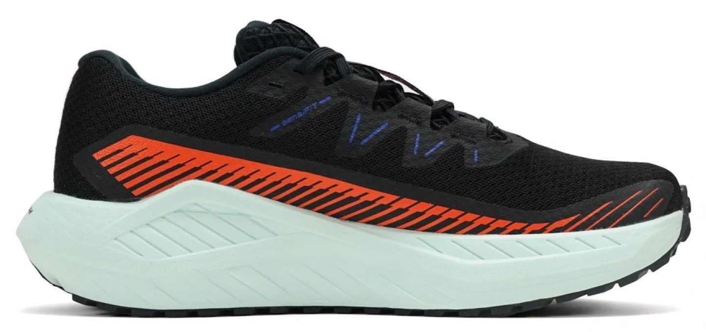 Salomon DRX DEFY GRVL trail running shoe in black mesh with orange graphic side panel, mint-green high-stack cushioned midsole, lateral view