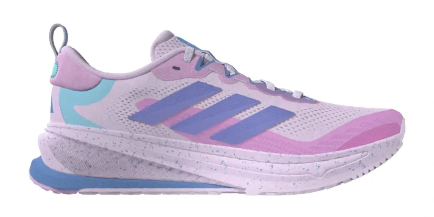 Adidas Solar Glide women's running shoe in pink, purple and aqua with speckled white midsole and three stripes detail