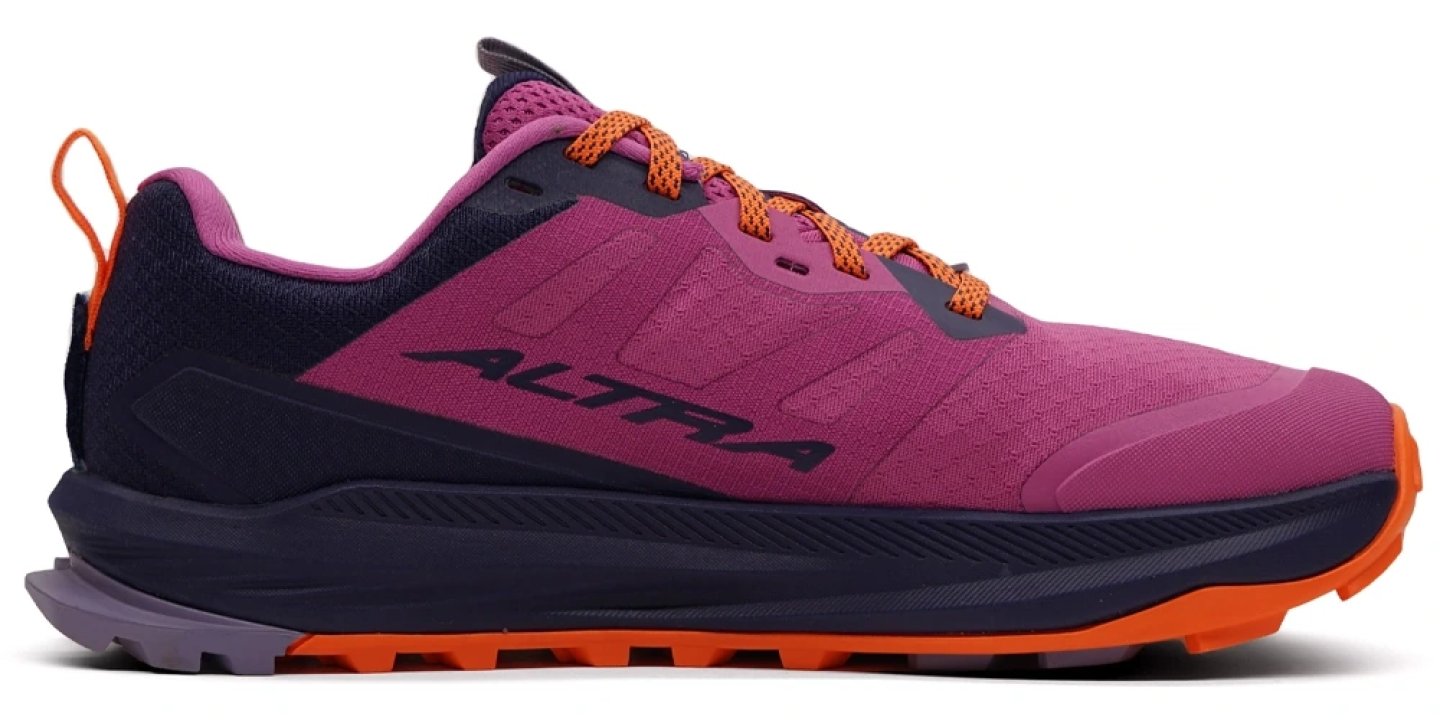 Altra Lone Peak 9+ women's trail running shoe in pink and purple with orange laces and outsole lugs, lateral side view.