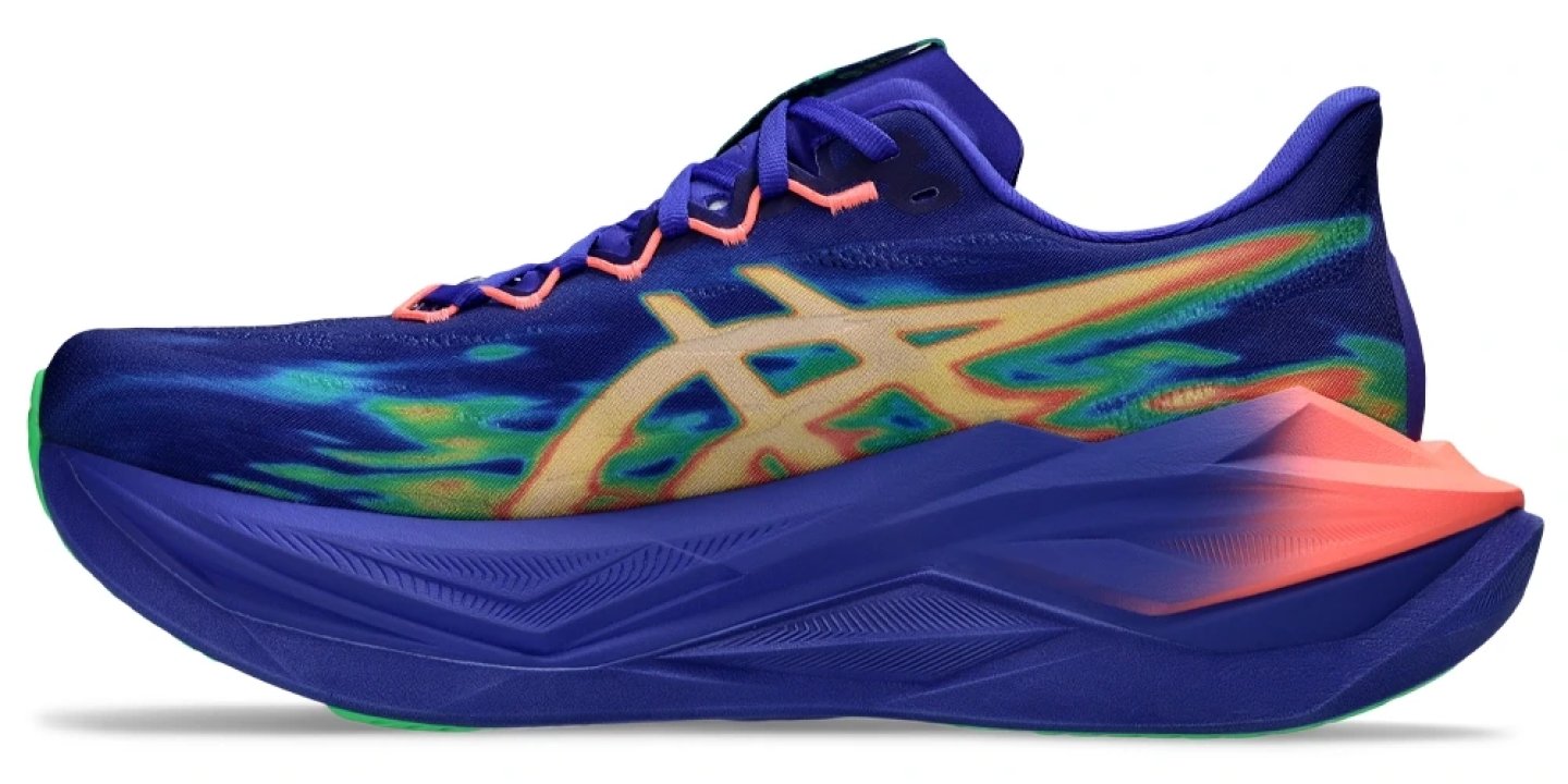 ASICS Superblast 3 Foam running shoe in blue with heat-map multicolour graphic upper and coral midsole accent