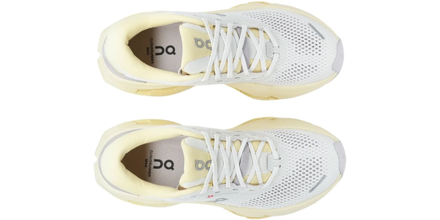 On Cloudrunner 3 Max running shoes top view, white breathable mesh upper with yellow midsole, white laces, pair