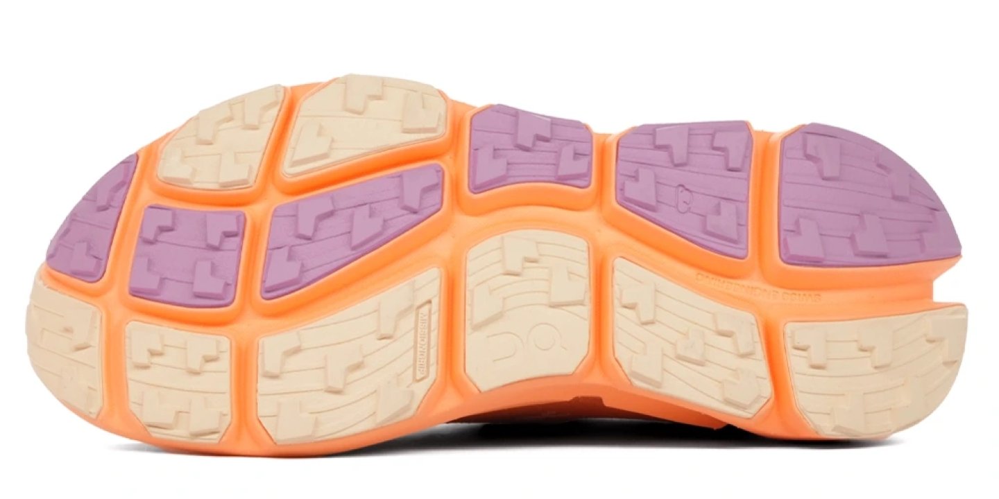 Bottom view of On Running shoe outsole with segmented CloudTec pods in purple, orange and cream colourway